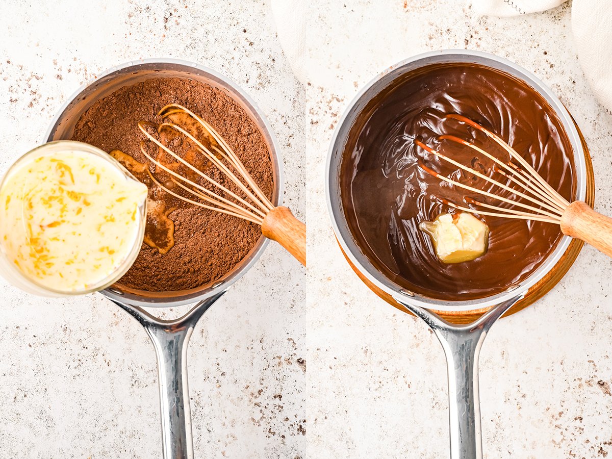 A two photo collage showing how to make this chocolate pudding layer in possum pie. First photo shows egg mixture being poured into cocoa mixture in sauce pan, second photo shows butter being whisked into the pudding.