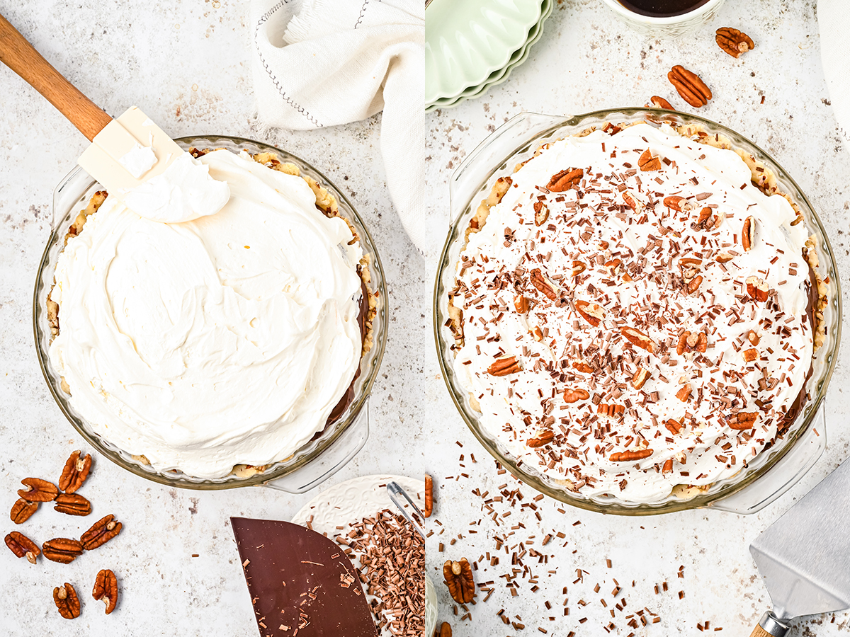 A two photo collage showing Cool Whip being spread on top of a possum pie and then chopped pecans and chocolate shavings on top of the whipped topping.