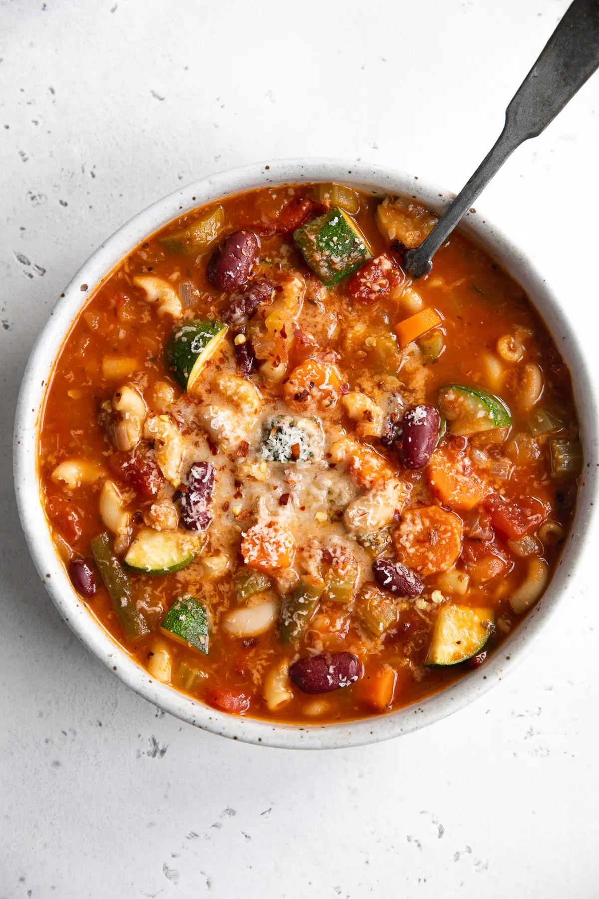 Overhead view of a bowl filled with Instant Pot Minestrone soup.
