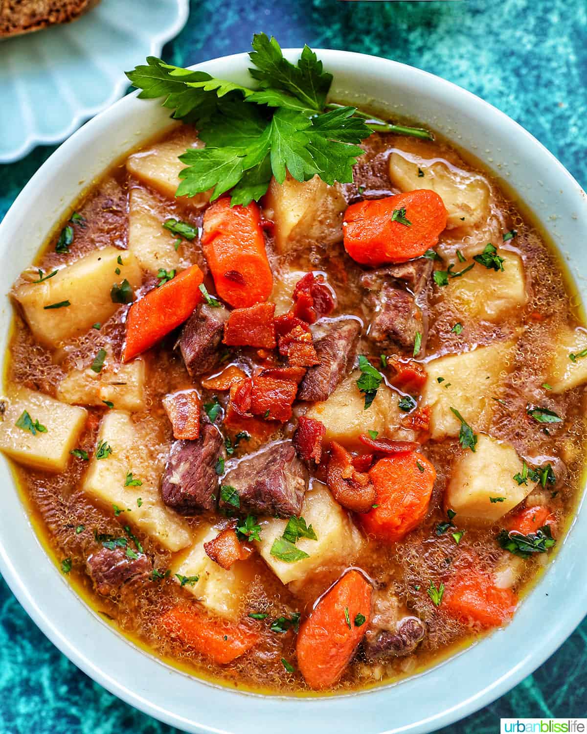 A large soup bowl filled with chunky Irish Lamb Stew that's made in the Instant Pot.
