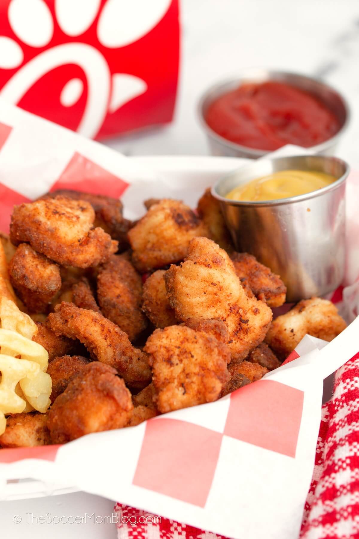 A food basket filled with copycat Chik-fil-a nuggets, waffle fries, and honey mustard dipping sauce.