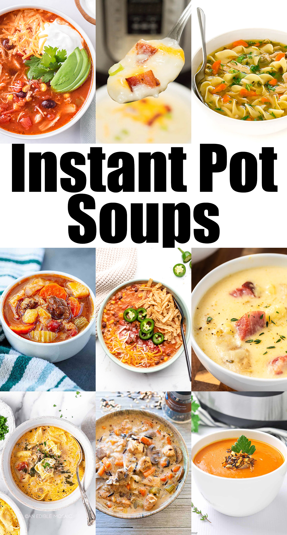 A nine photo collage of soups made in the Instant Pot with text reading "Instant Pot Soups" in the middle.