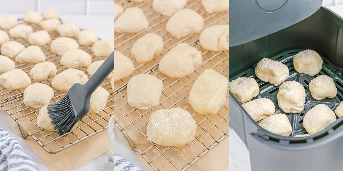 A three photo collage 1 - brushing butter on pretzel bite dough, 2 - Salt the top of dough, 3 - place dough bites in the air fryer basket.