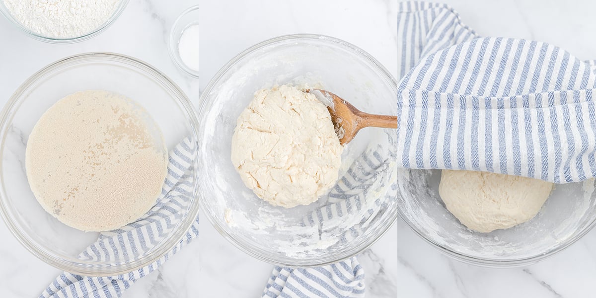 A three photo collage showing steps to making dough. 1 - The yeast proofing in a mixing bowl. 2 - dough being mixed. 3 - dough rising in a mixing bowl with a dish towel on top.