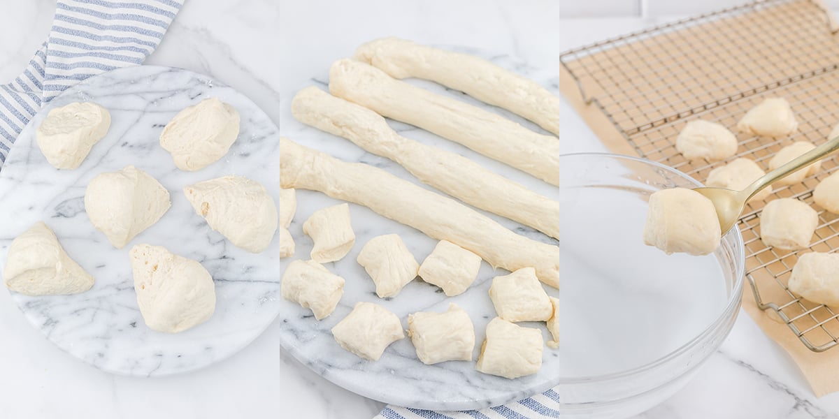 A three photo collage showing the steps to durning the dough into pretzel bites. 1 - separate into six equal sections. 2 - roll each section into a snake, then cut into 1" sections, 3 - dough piece dipped into baking soda mixture.