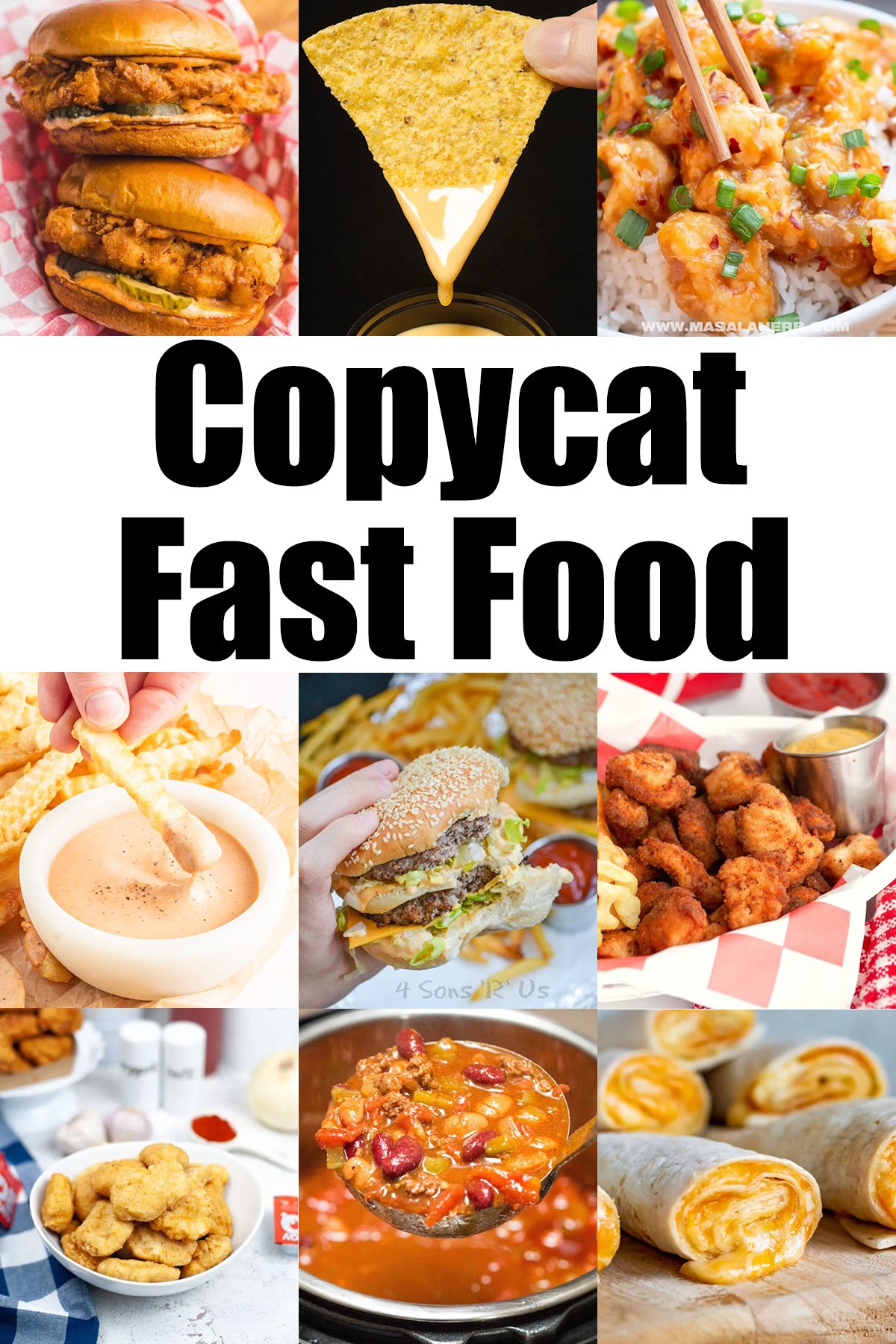 A photo collage showing nine copycat fast food recipes. Text in the middle reads "Copycat Fast Food".