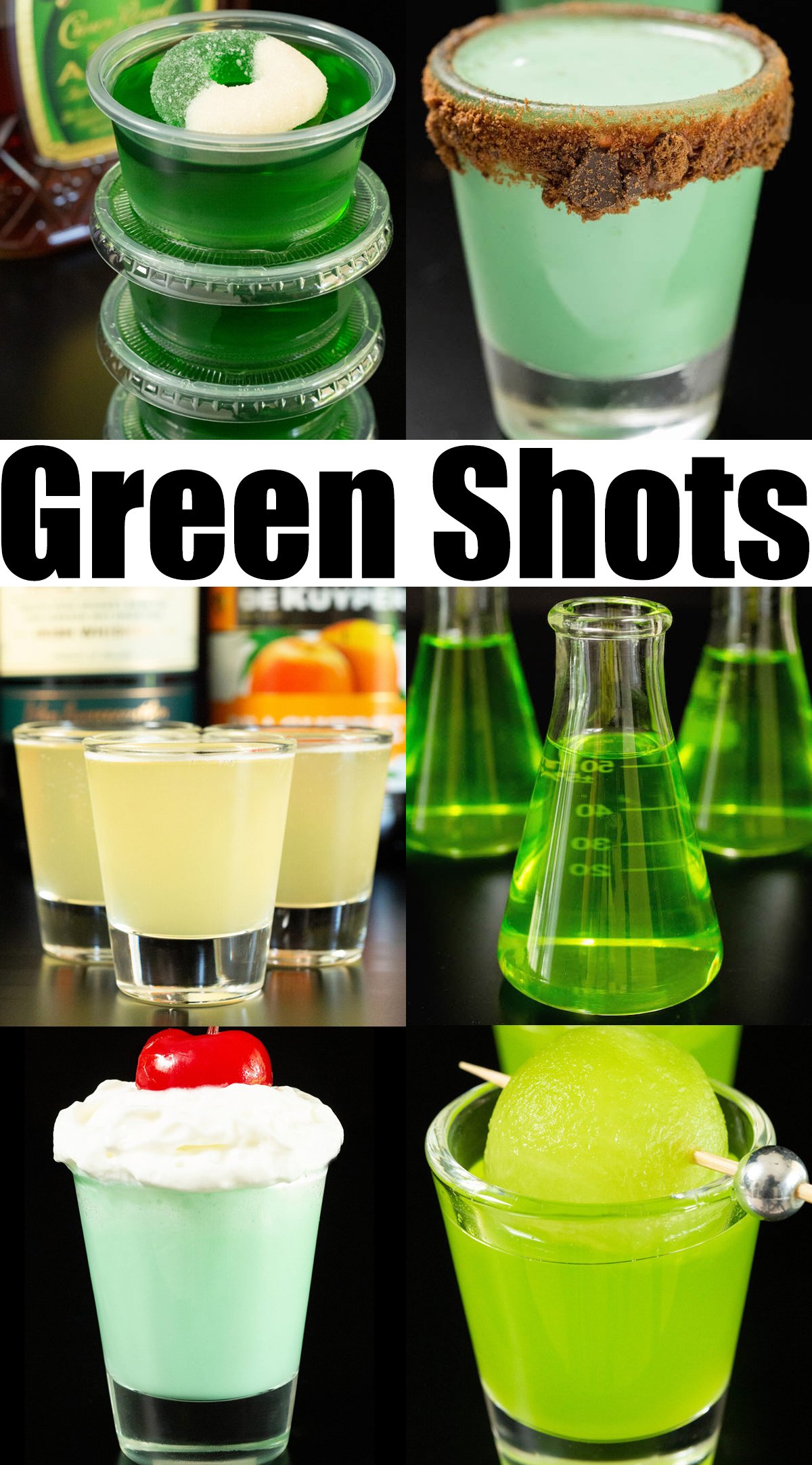 A photo collage showing six different green colored shots. Bold text in the middle reads "Green Shots".