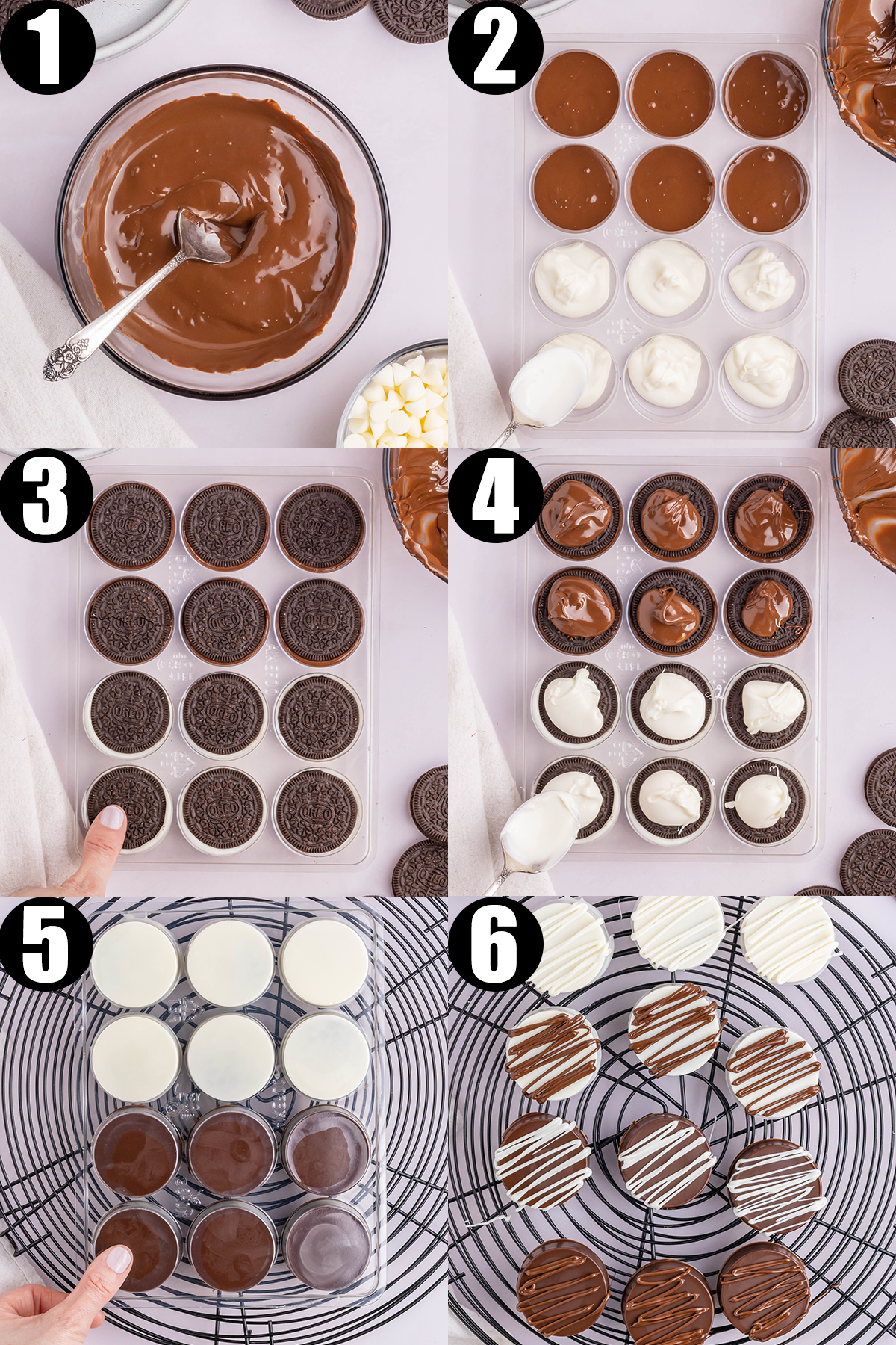 A six photo collage showing the steps to make chocolate covered Oreos.