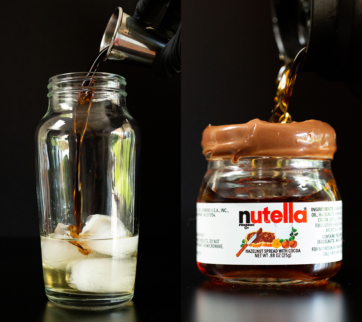 A two photo collage showing pouring the ingredients into a cocktail shaker, then straining it into a miniature Nutella jar.