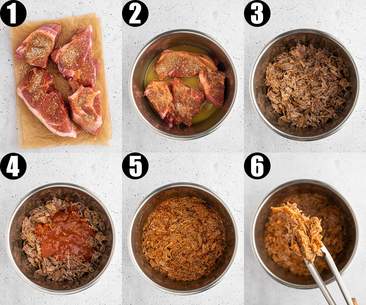 A six photo collage showing the steps to make Instant Pot pork butt. 