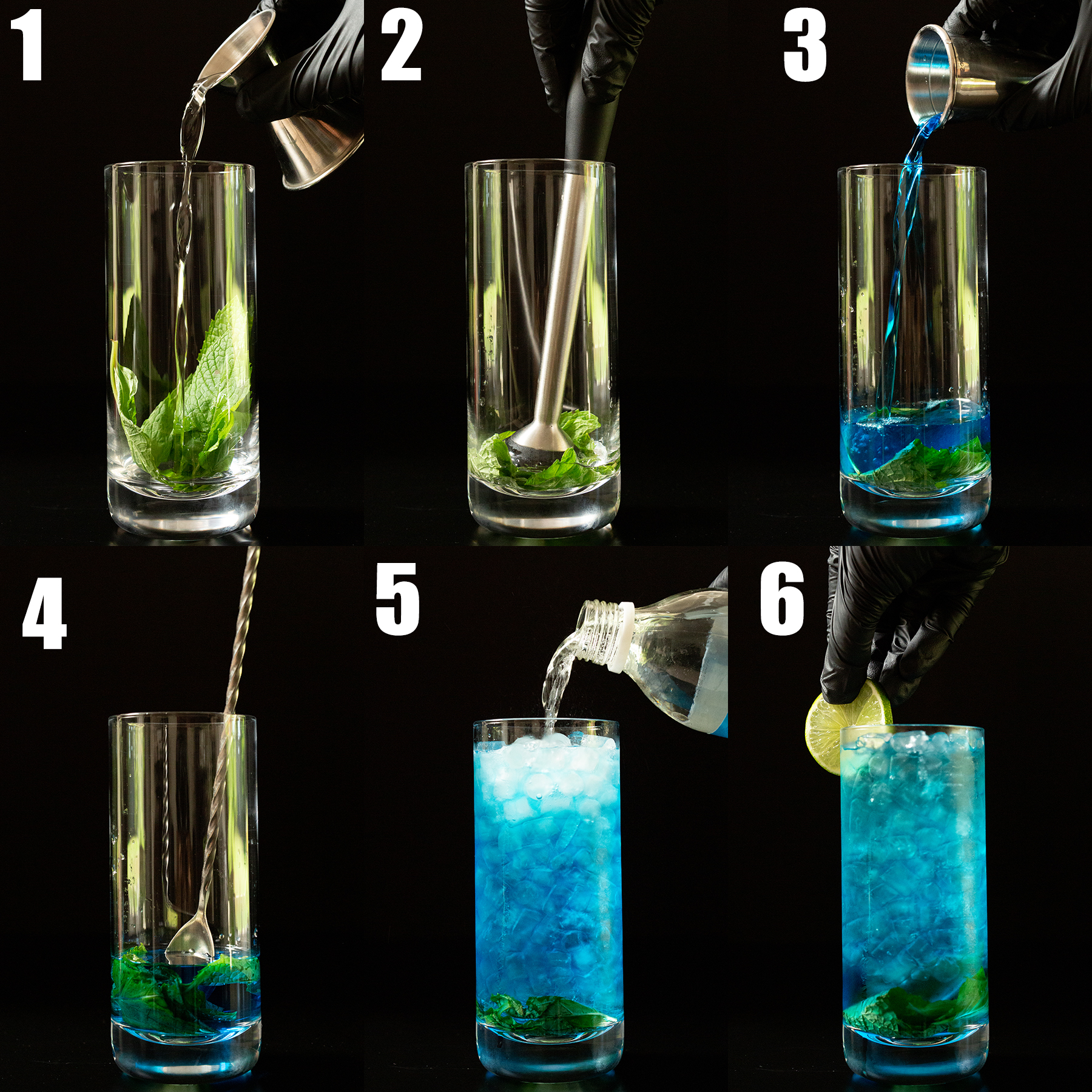 A six photo collage showing the steps to make a blue mojito. 