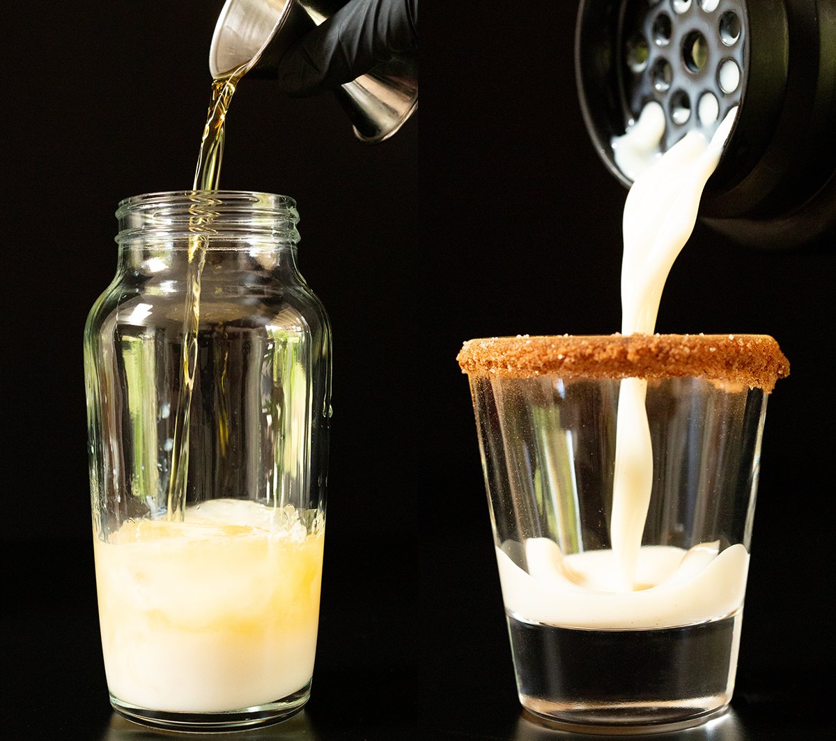 A two photo collage showing the ingredients for a Cinnamon Toast Crunch shot being added to a cocktail shaker, then strained in to a shot glass.