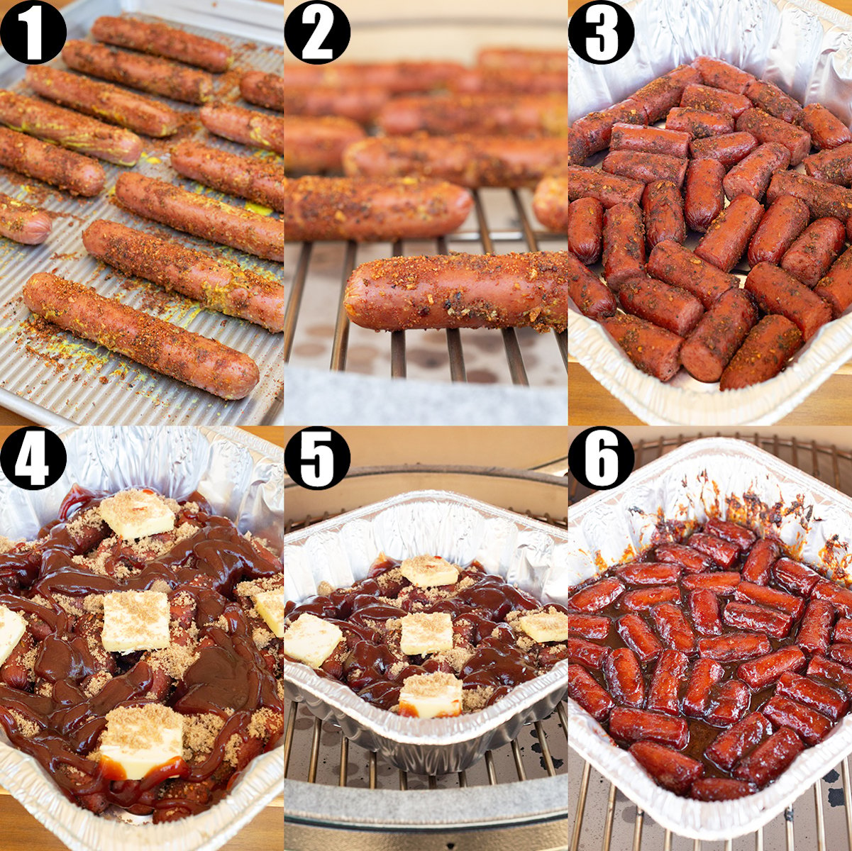 A six photo collage showing the steps to make hot dog burnt ends.