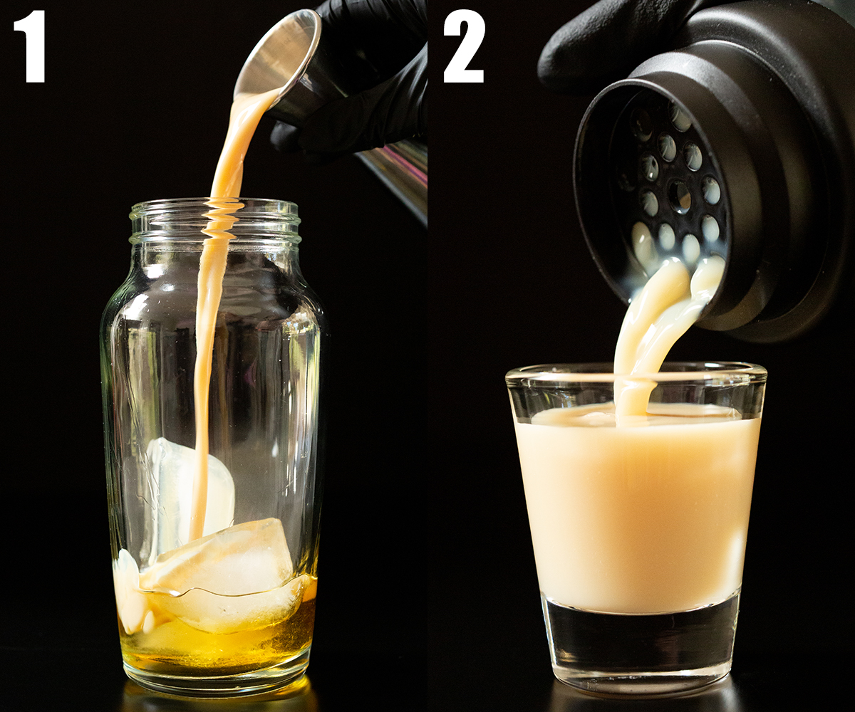 A photo shows all the oatmeal cookie shot ingredients added to a cocktail shaker, and a second photo shows it being strained into a shot glass.