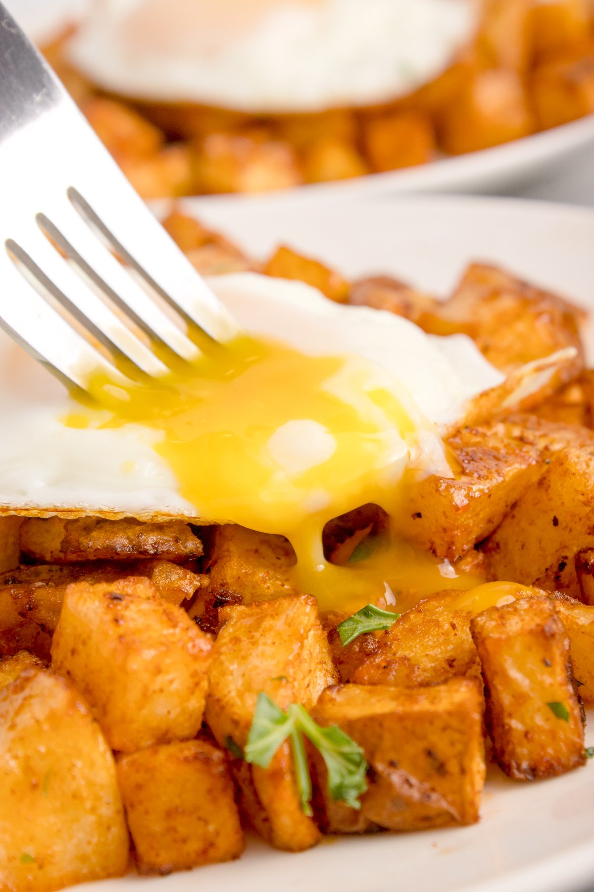 Diced air fried breakfast potatoes topped with a sunny-side up egg that's yolk is oozing out.