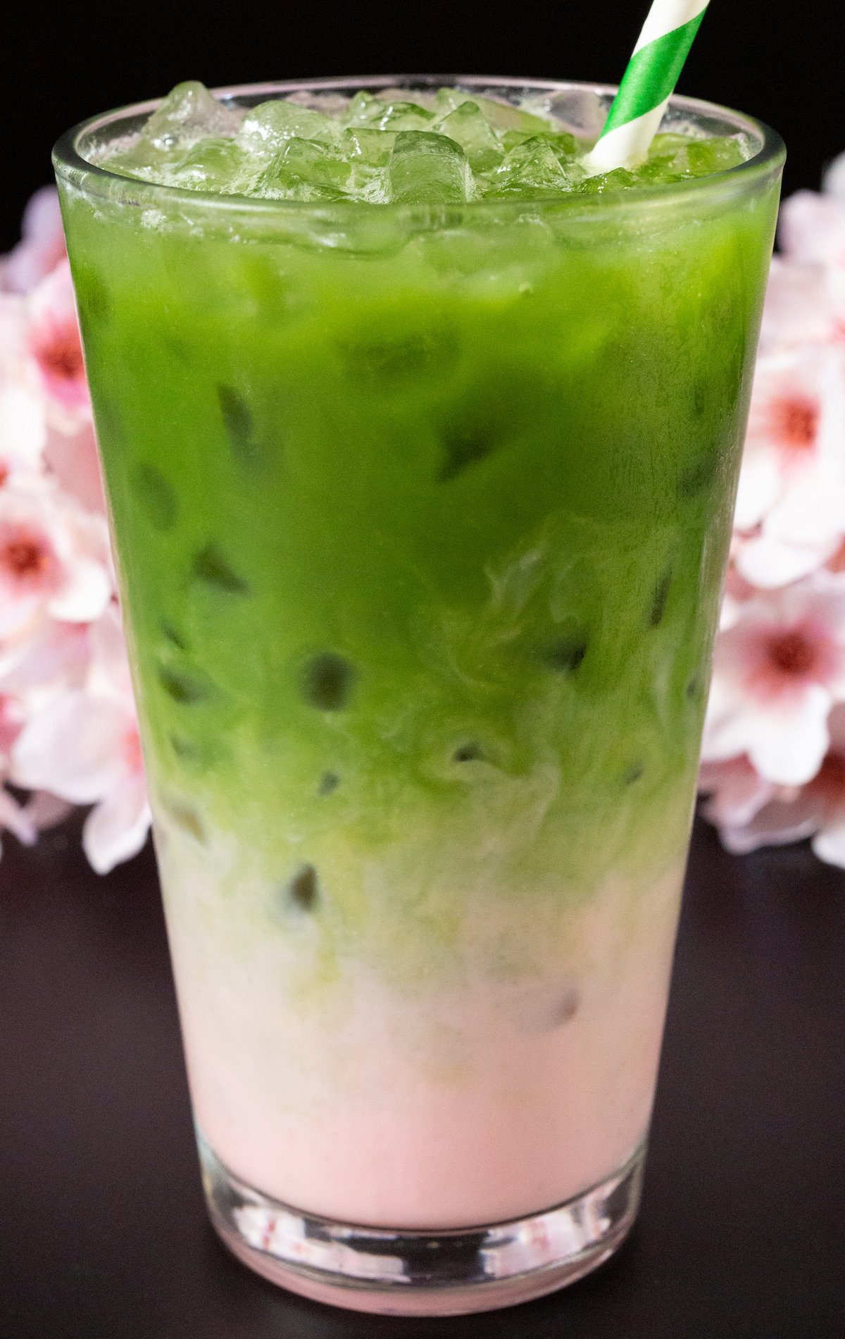 A pint glass is half filled with pink cherry blossom syrup and the top half filled with green matcha. Cherry blossoms are out of focus in the bakcground.