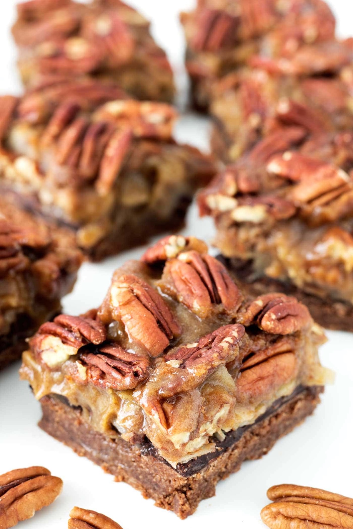 Squares of German chooclate pecan pie surrounded by whole pecans on a white background.