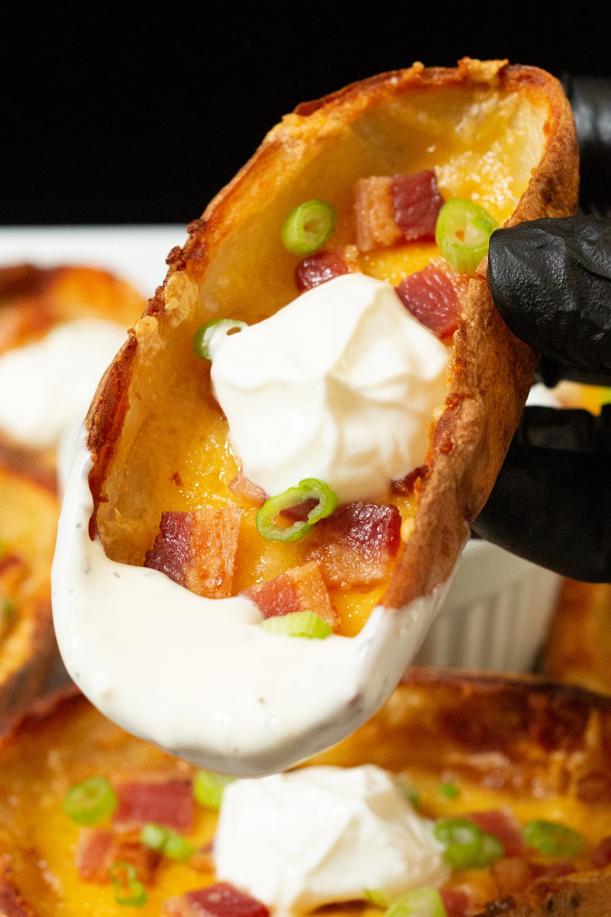 A hand with a black nitrile glove holds up a potato skin that has been dipped in ranch dressing.